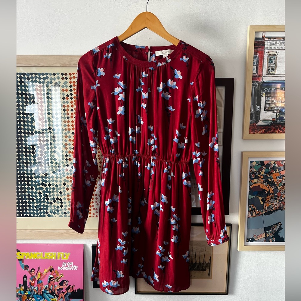 LOFT Red Long-Sleeve Floral Pleated Dress